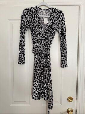 Cache Black & White Geometric Wrap Dress